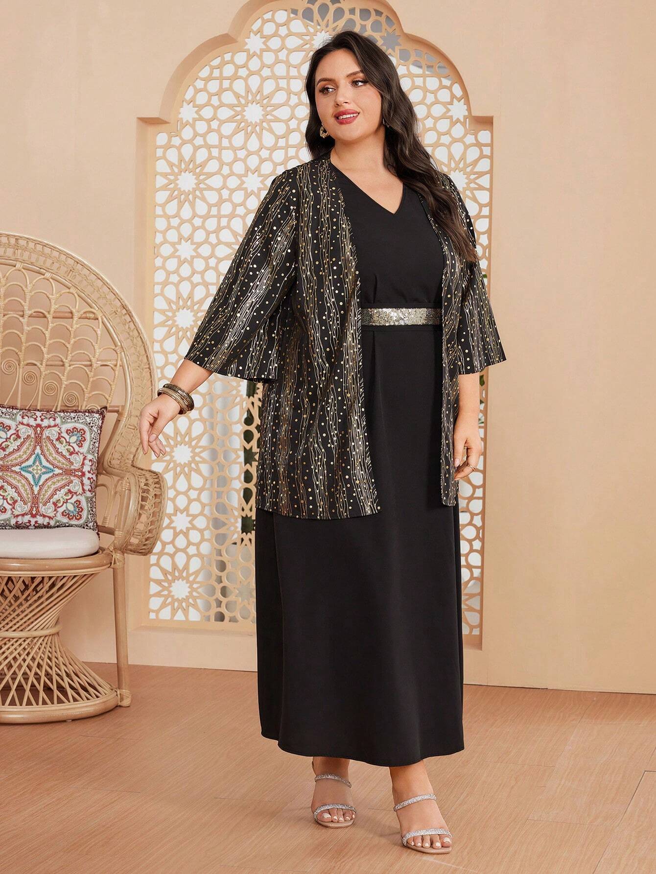 SHEIN Black Maxi Dress & Gold Print Jacket Set