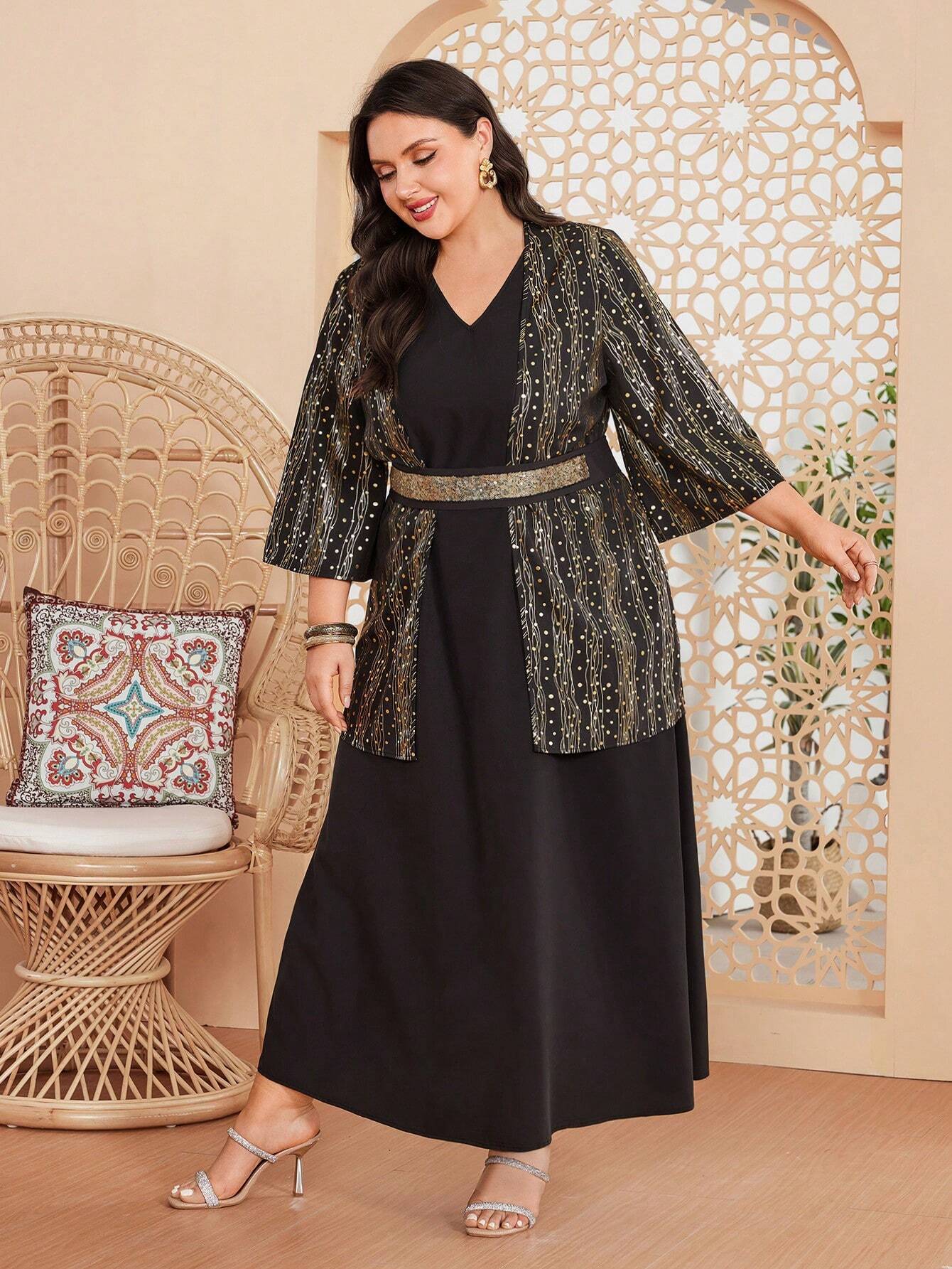 SHEIN Black Maxi Dress & Gold Print Jacket Set