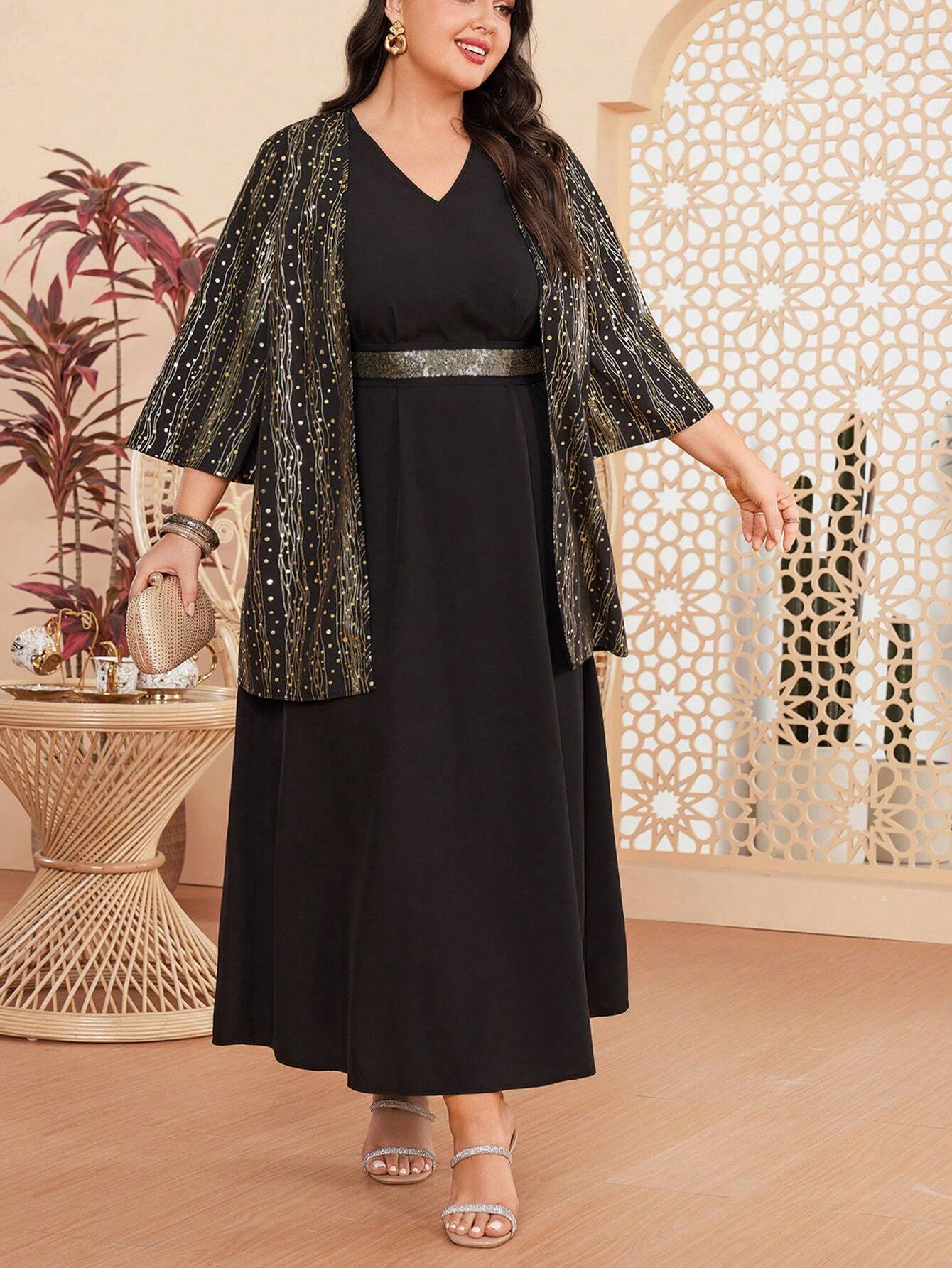 SHEIN Black Maxi Dress & Gold Print Jacket Set