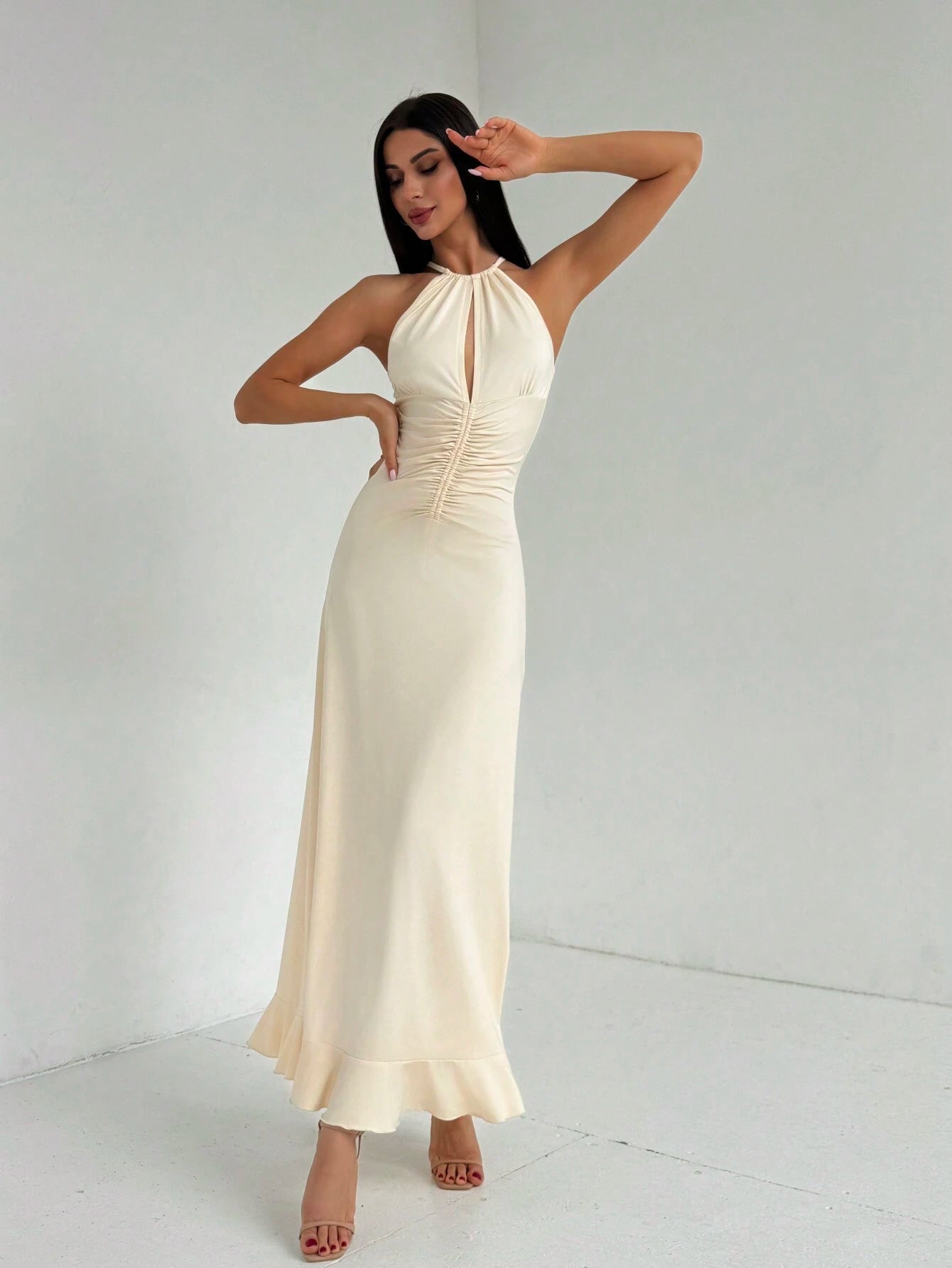 SHEIN Aloruh Ruched Waist Ruffle Hem Maxi Dress