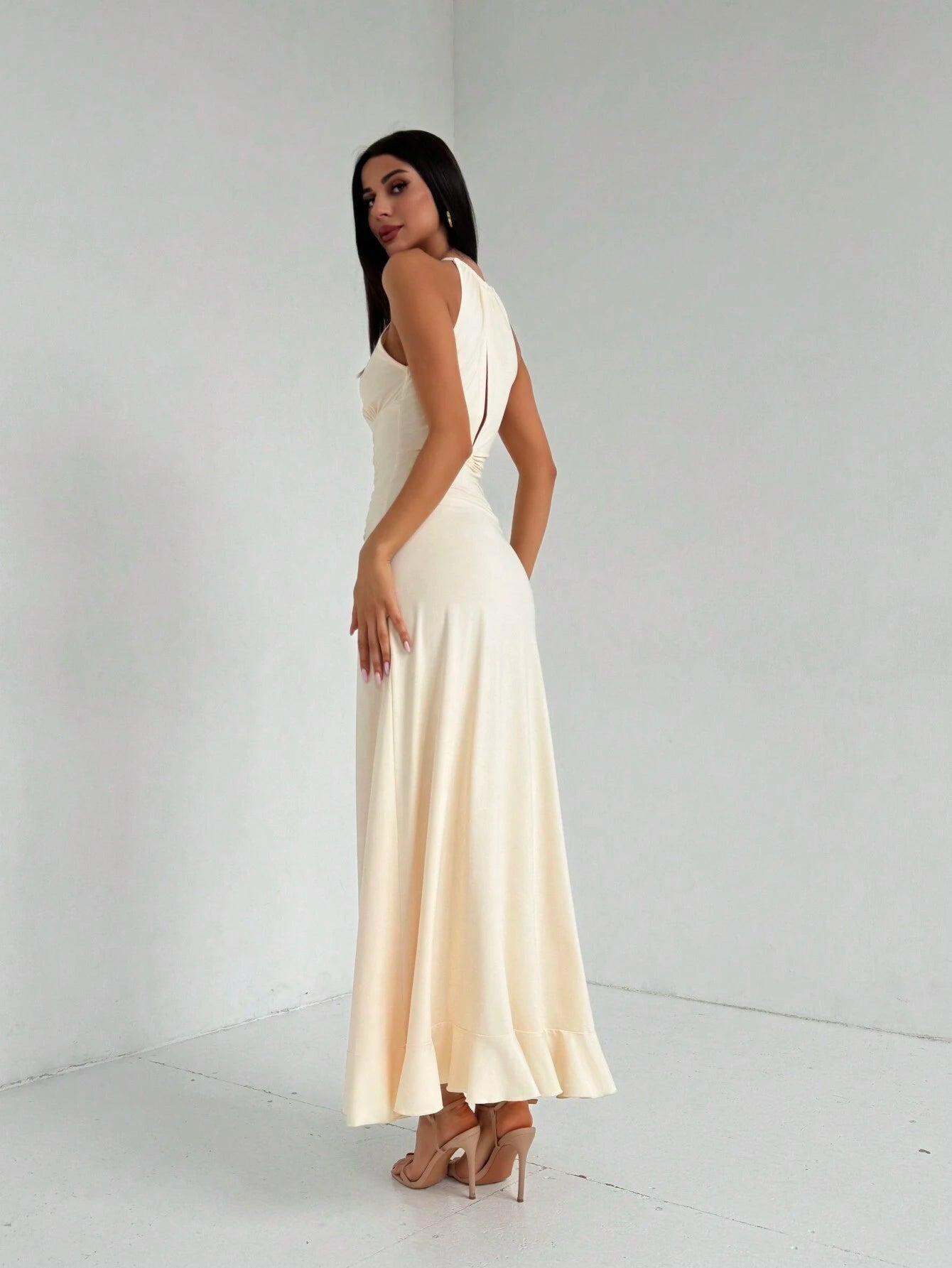 SHEIN Aloruh Ruched Waist Ruffle Hem Maxi Dress