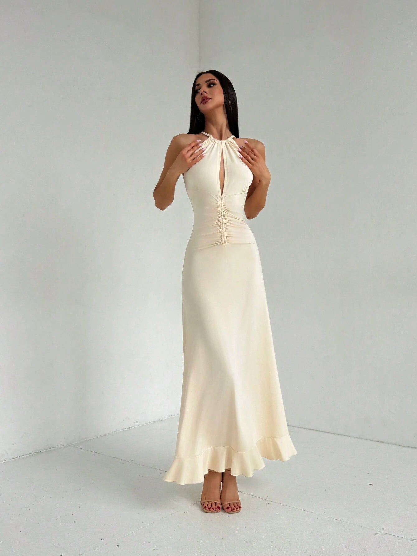 SHEIN Aloruh Ruched Waist Ruffle Hem Maxi Dress