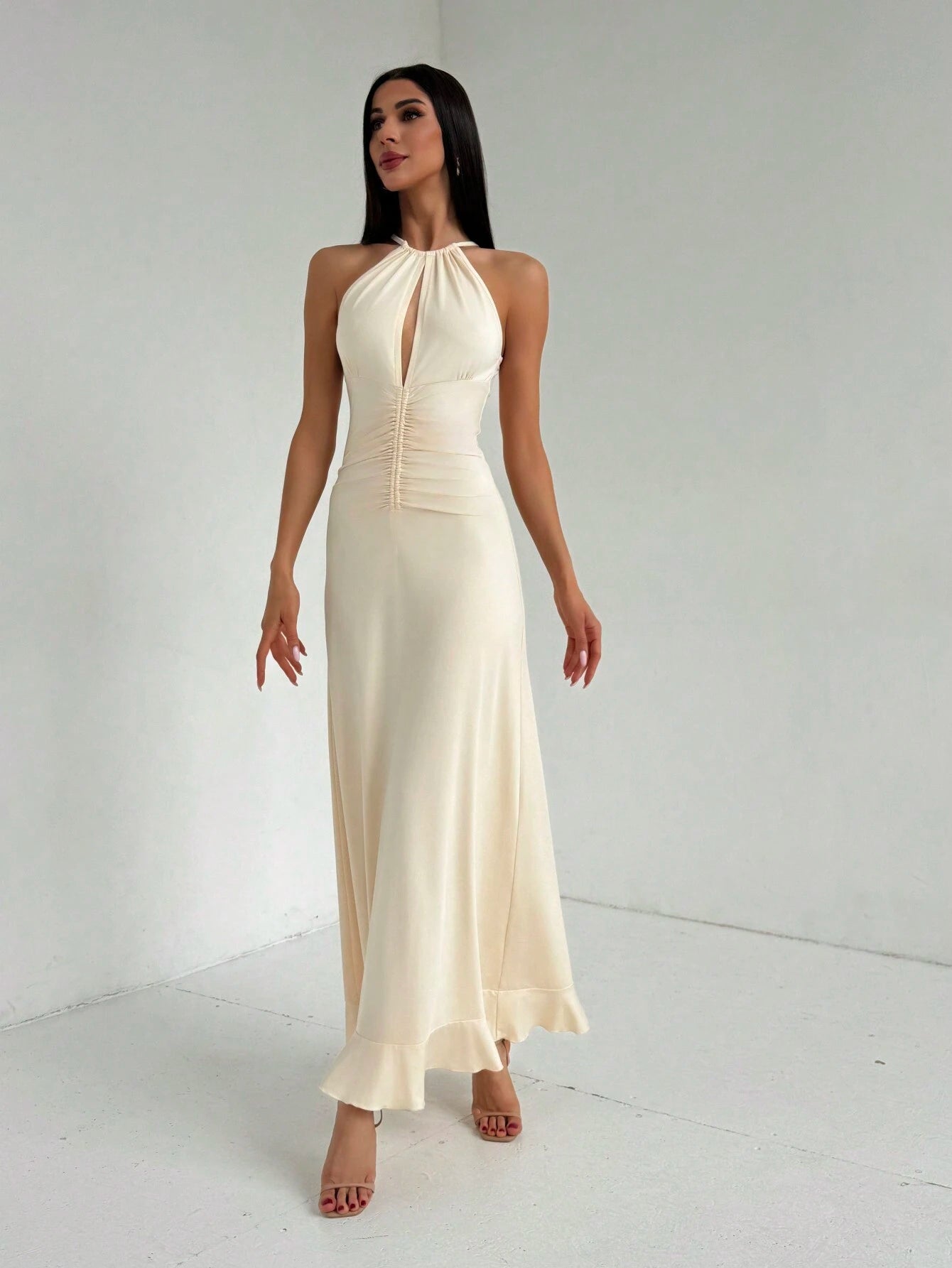 SHEIN Aloruh Ruched Waist Ruffle Hem Maxi Dress