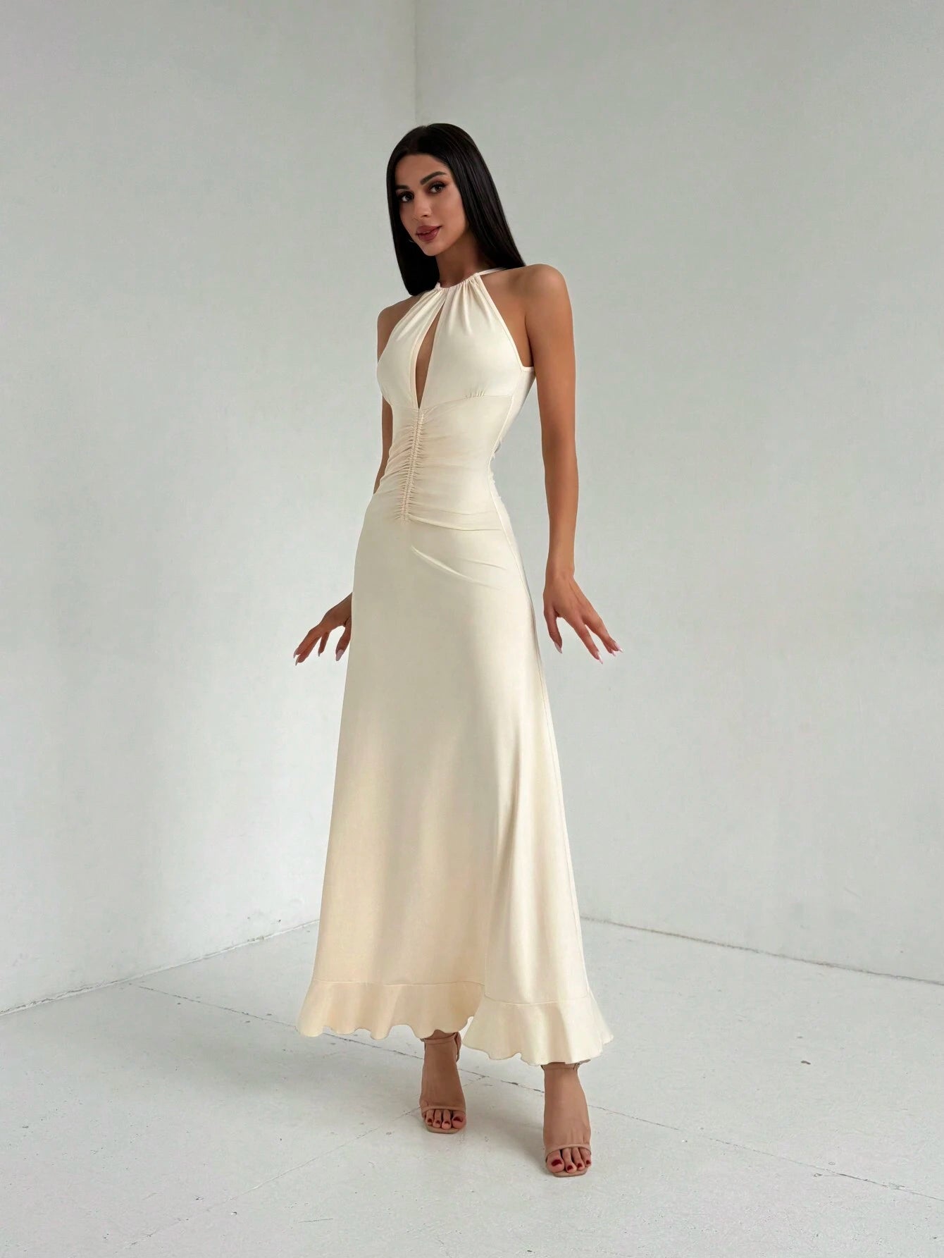 SHEIN Aloruh Ruched Waist Ruffle Hem Maxi Dress