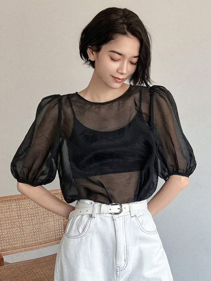 SHEIN FRIFUL Mesh Puff Sleeve Top