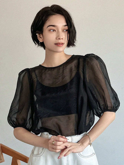 SHEIN FRIFUL Mesh Puff Sleeve Top