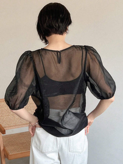 SHEIN FRIFUL Mesh Puff Sleeve Top