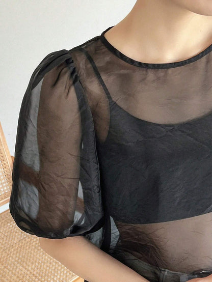 SHEIN FRIFUL Mesh Puff Sleeve Top