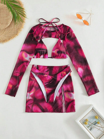 SHEIN Swim Tie-Dye Bikini Set with Sheer Skirt Cover-Up