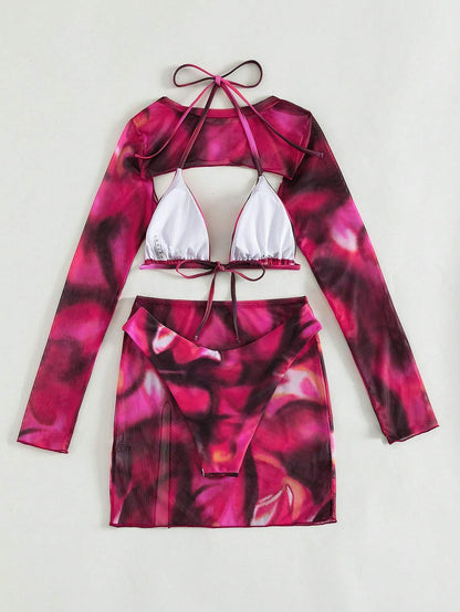 SHEIN Swim Tie-Dye Bikini Set with Sheer Skirt Cover-Up