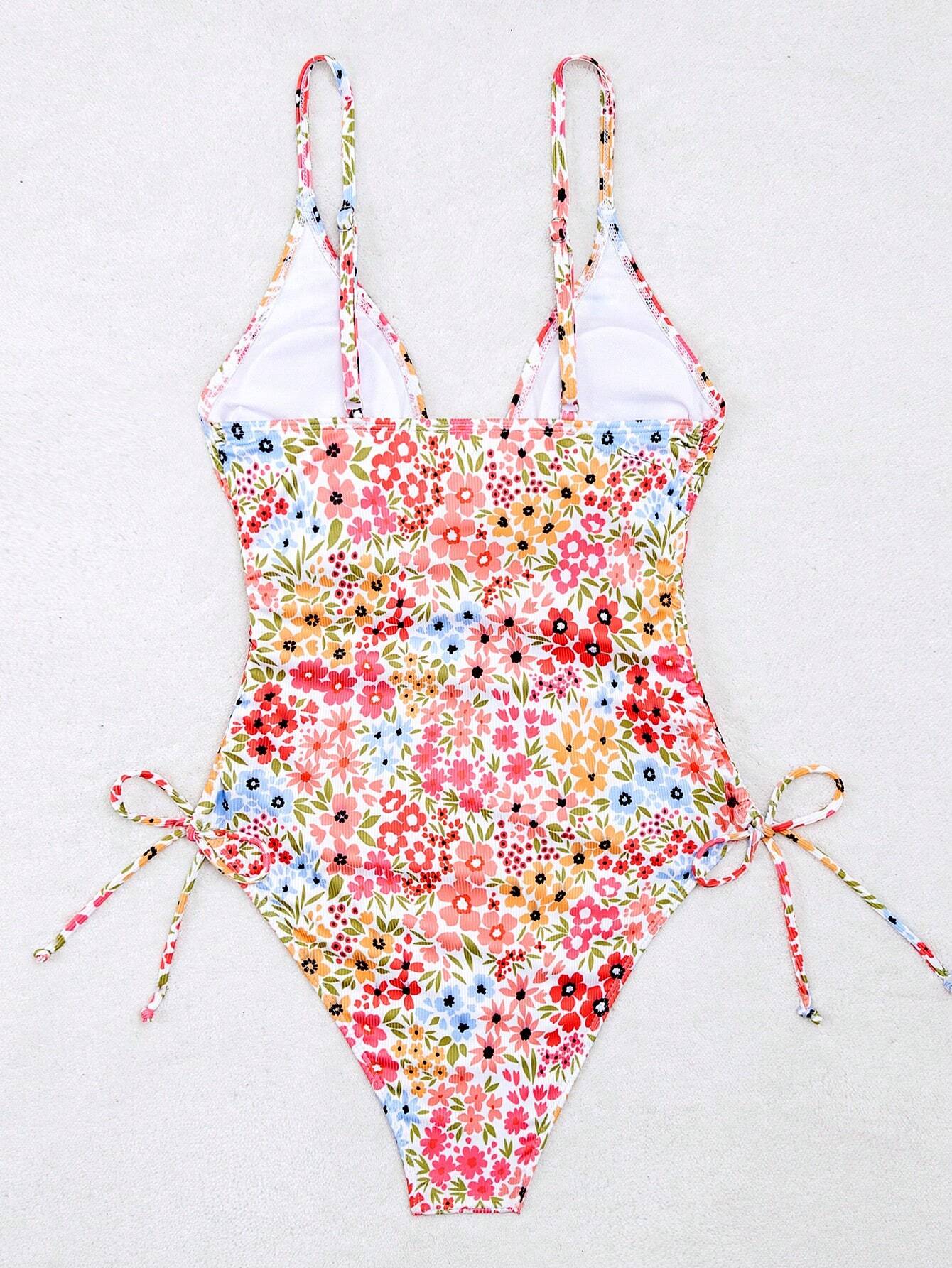 SHEIN Floral Cut-Out Belted One-Piece Swimsuit