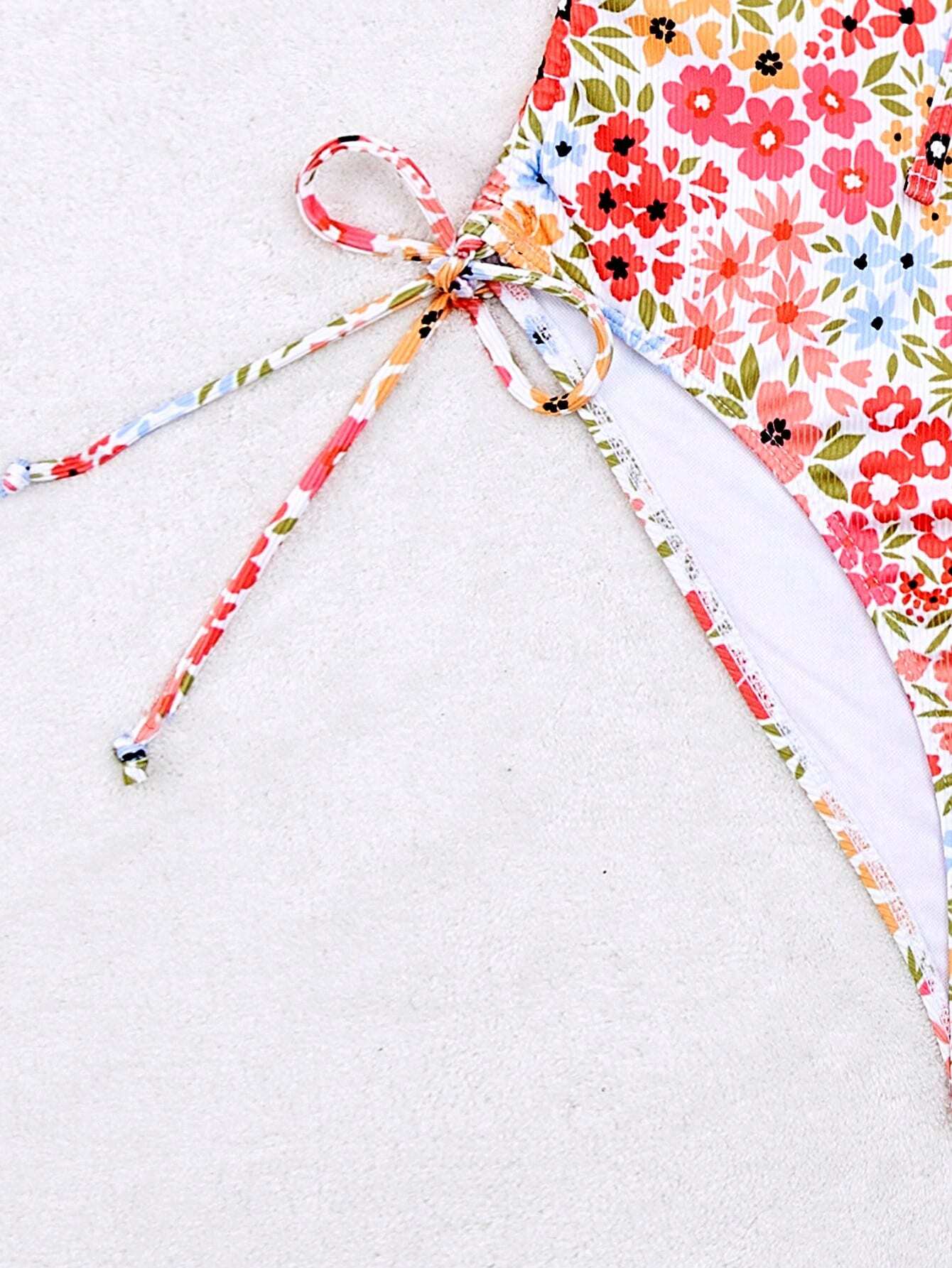SHEIN Floral Cut-Out Belted One-Piece Swimsuit