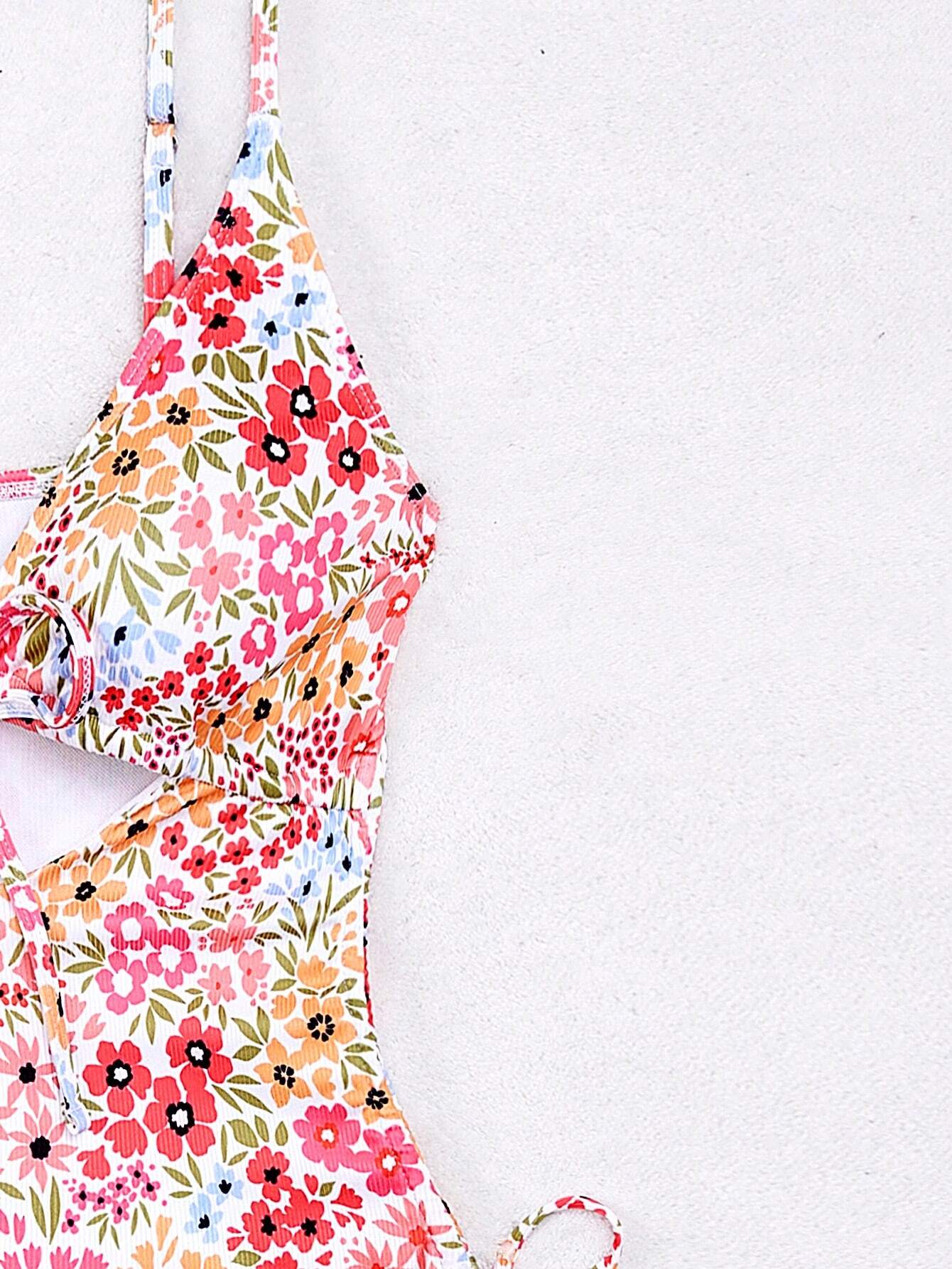 SHEIN Floral Cut-Out Belted One-Piece Swimsuit