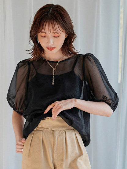 SHEIN FRIFUL Mesh Puff Sleeve Top