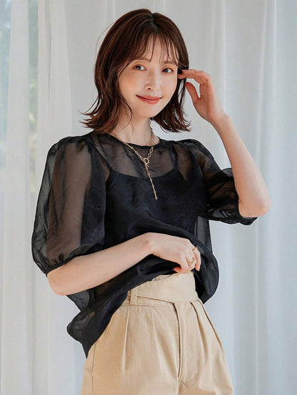 SHEIN FRIFUL Mesh Puff Sleeve Top