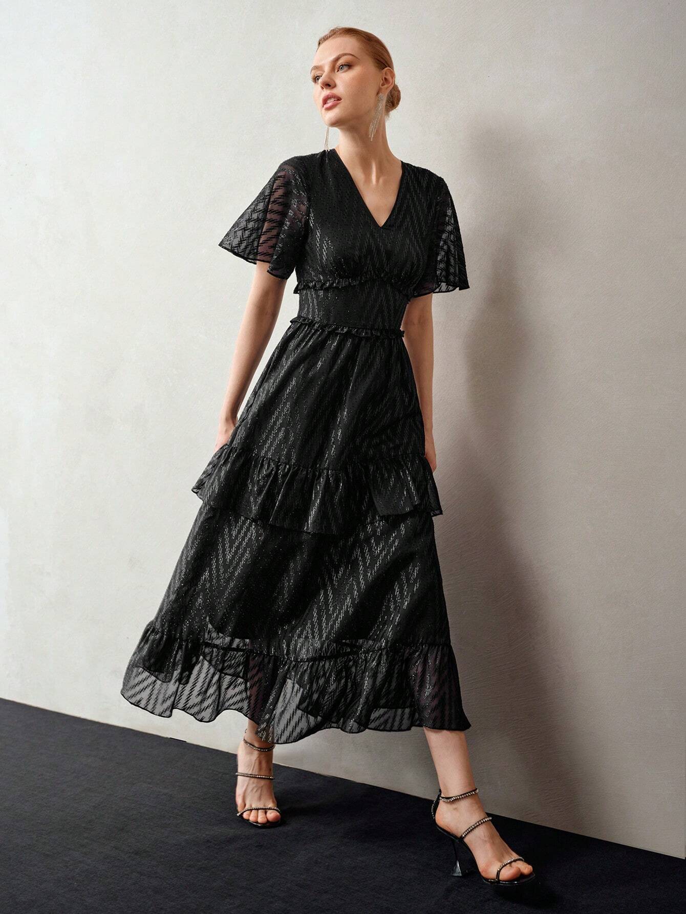 MOTF PREMIUM V-Neck Flutter Sleeve Layered Ruffle Hem Dress