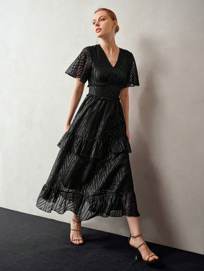 MOTF PREMIUM V-Neck Flutter Sleeve Layered Ruffle Hem Dress