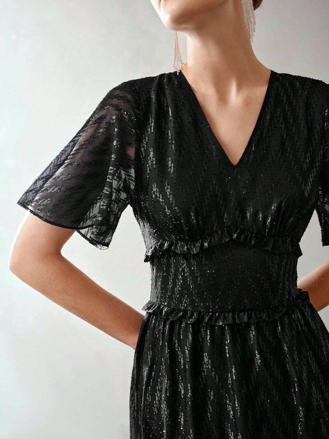 MOTF PREMIUM V-Neck Flutter Sleeve Layered Ruffle Hem Dress