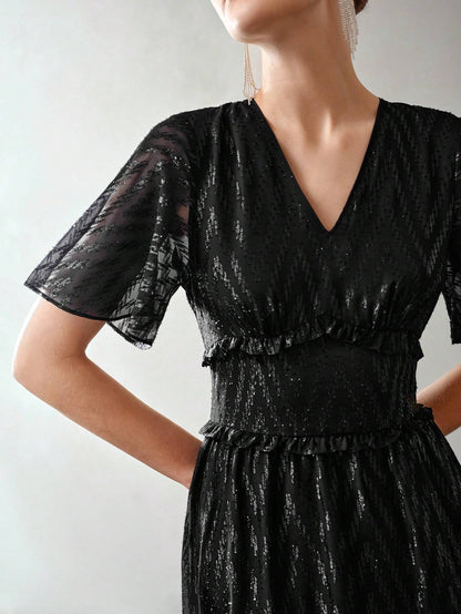 MOTF PREMIUM V-Neck Flutter Sleeve Layered Ruffle Hem Dress