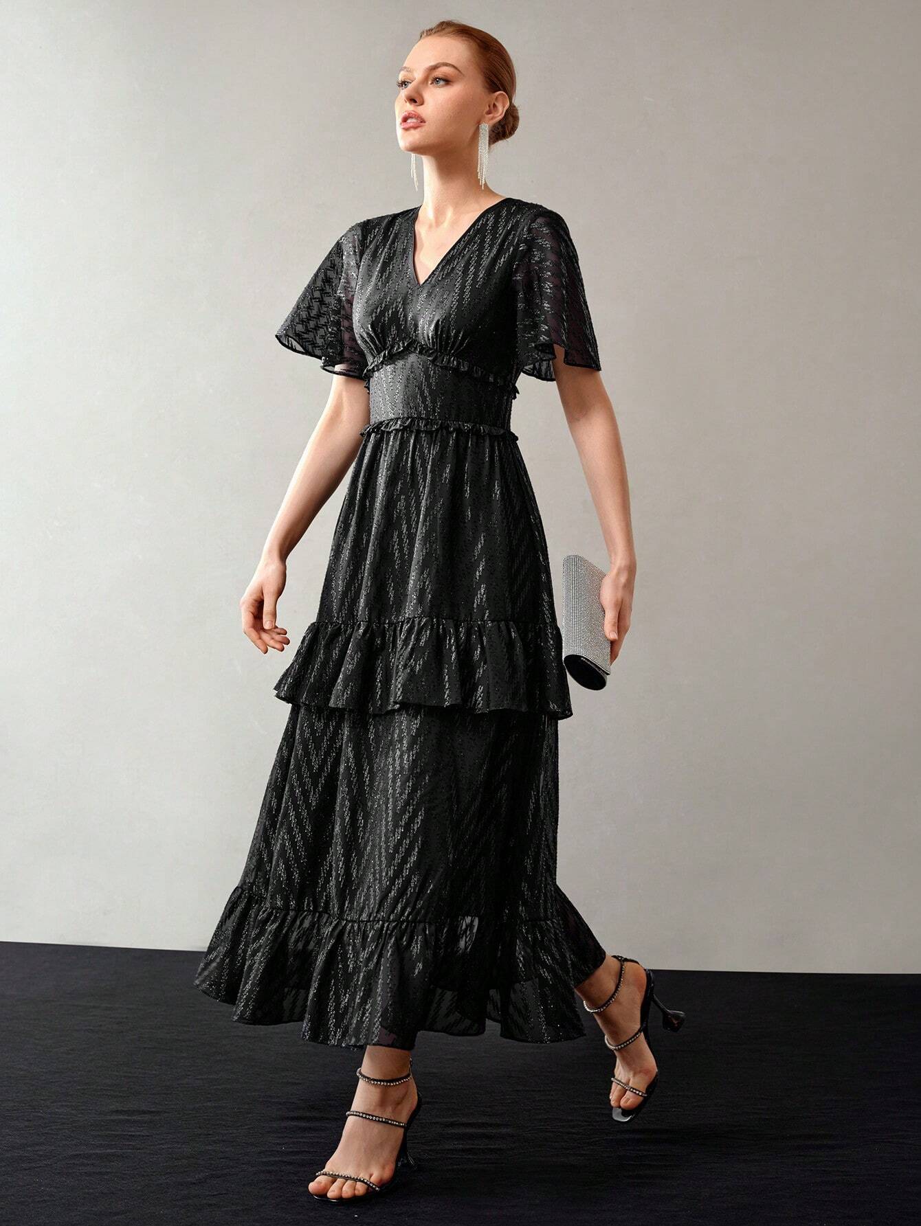 MOTF PREMIUM V-Neck Flutter Sleeve Layered Ruffle Hem Dress