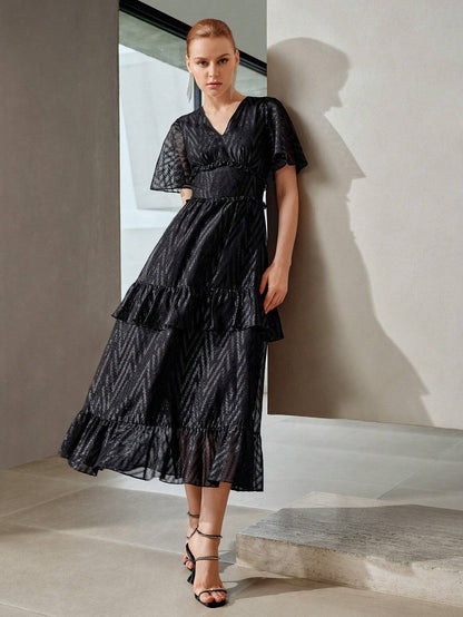 MOTF PREMIUM V-Neck Flutter Sleeve Layered Ruffle Hem Dress