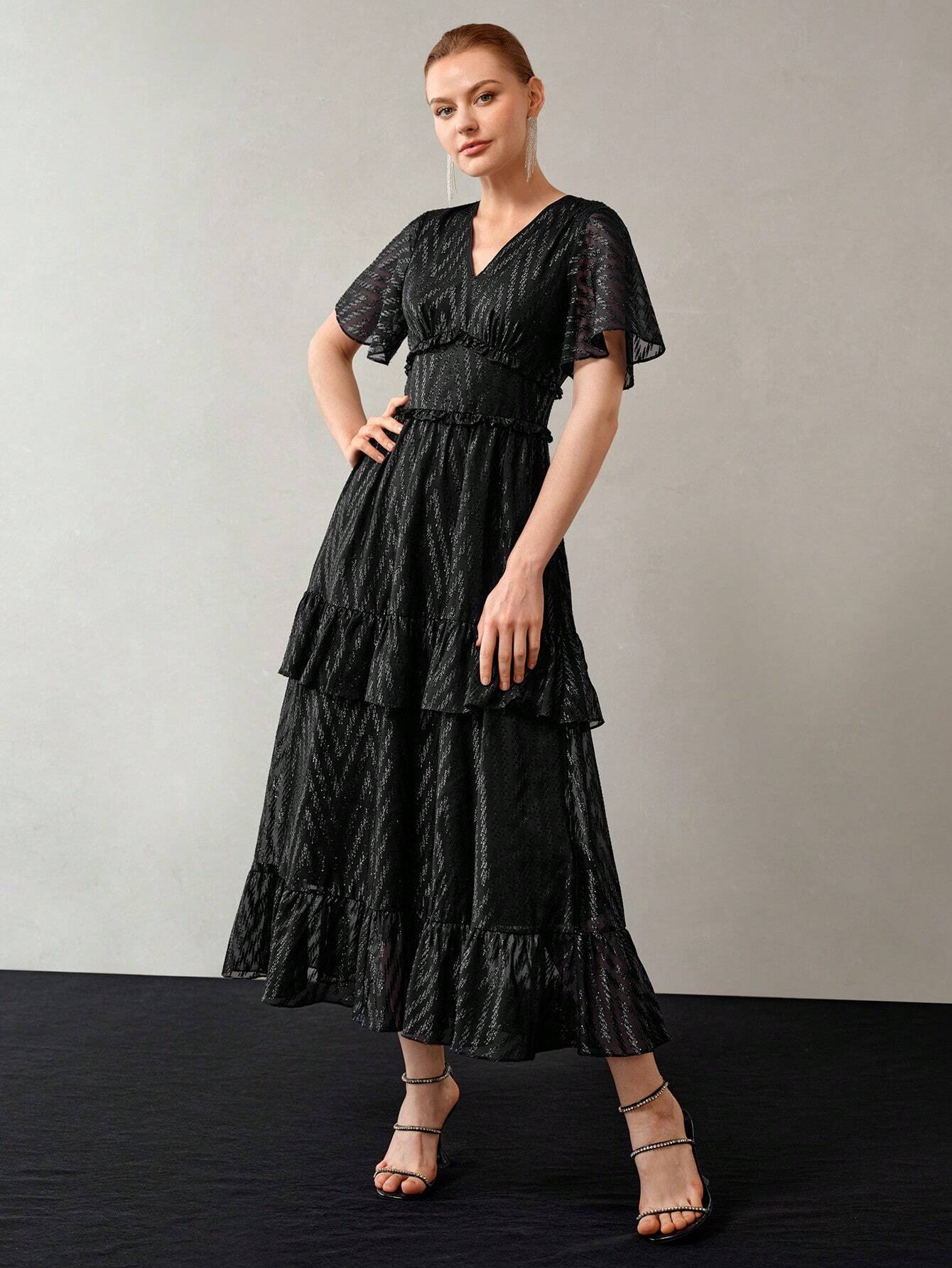 MOTF PREMIUM V-Neck Flutter Sleeve Layered Ruffle Hem Dress