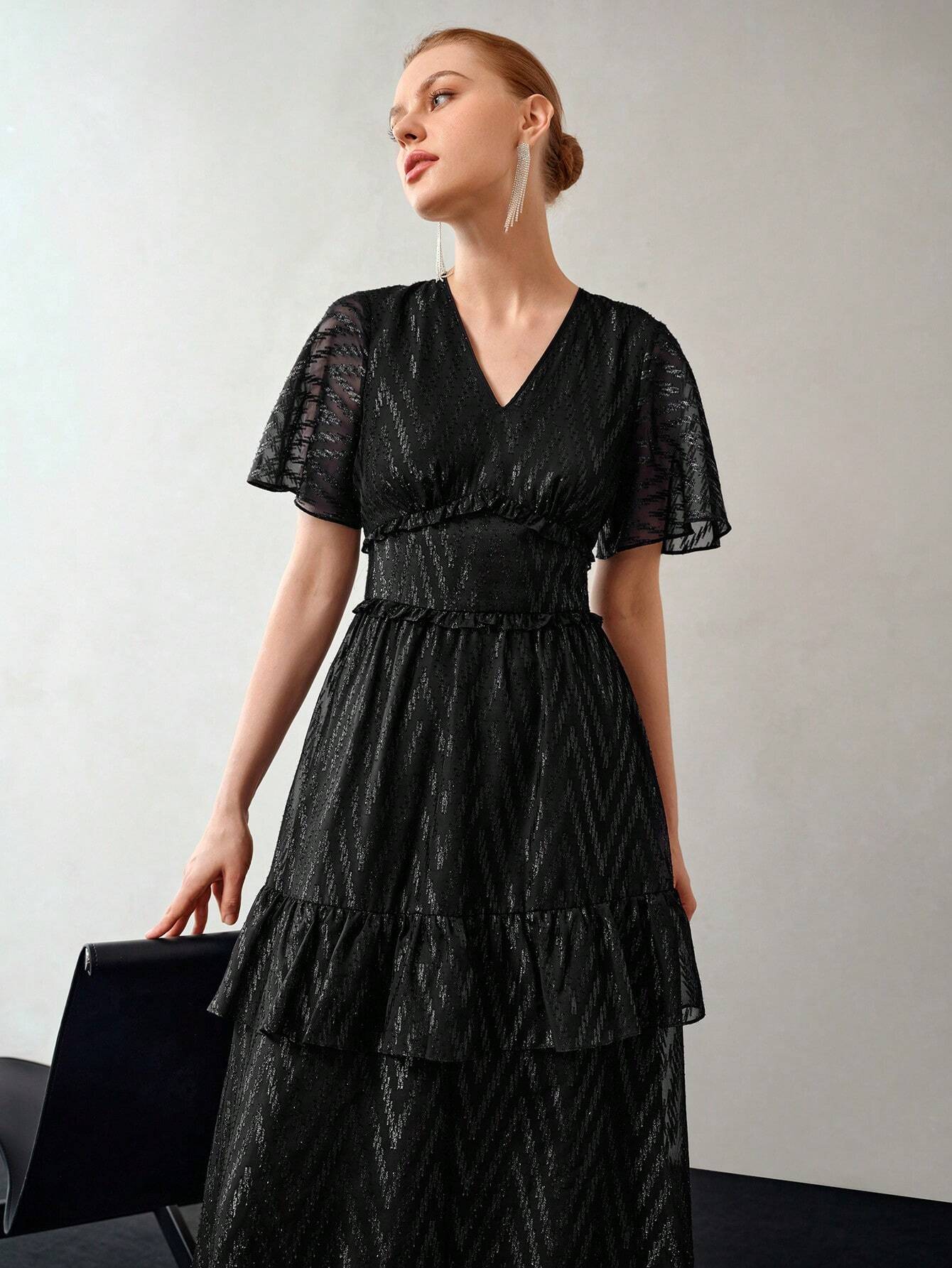 MOTF PREMIUM V-Neck Flutter Sleeve Layered Ruffle Hem Dress