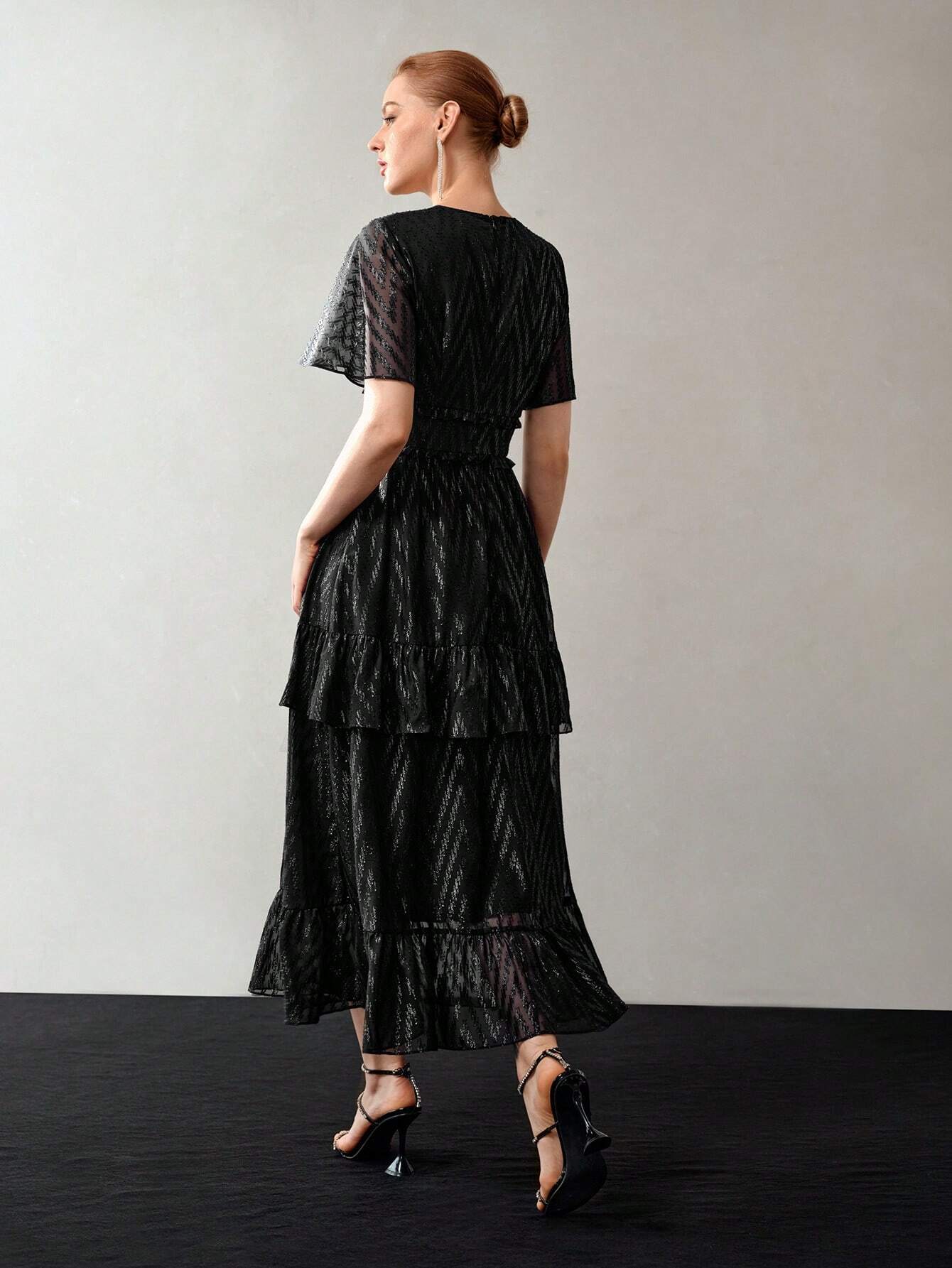 MOTF PREMIUM V-Neck Flutter Sleeve Layered Ruffle Hem Dress