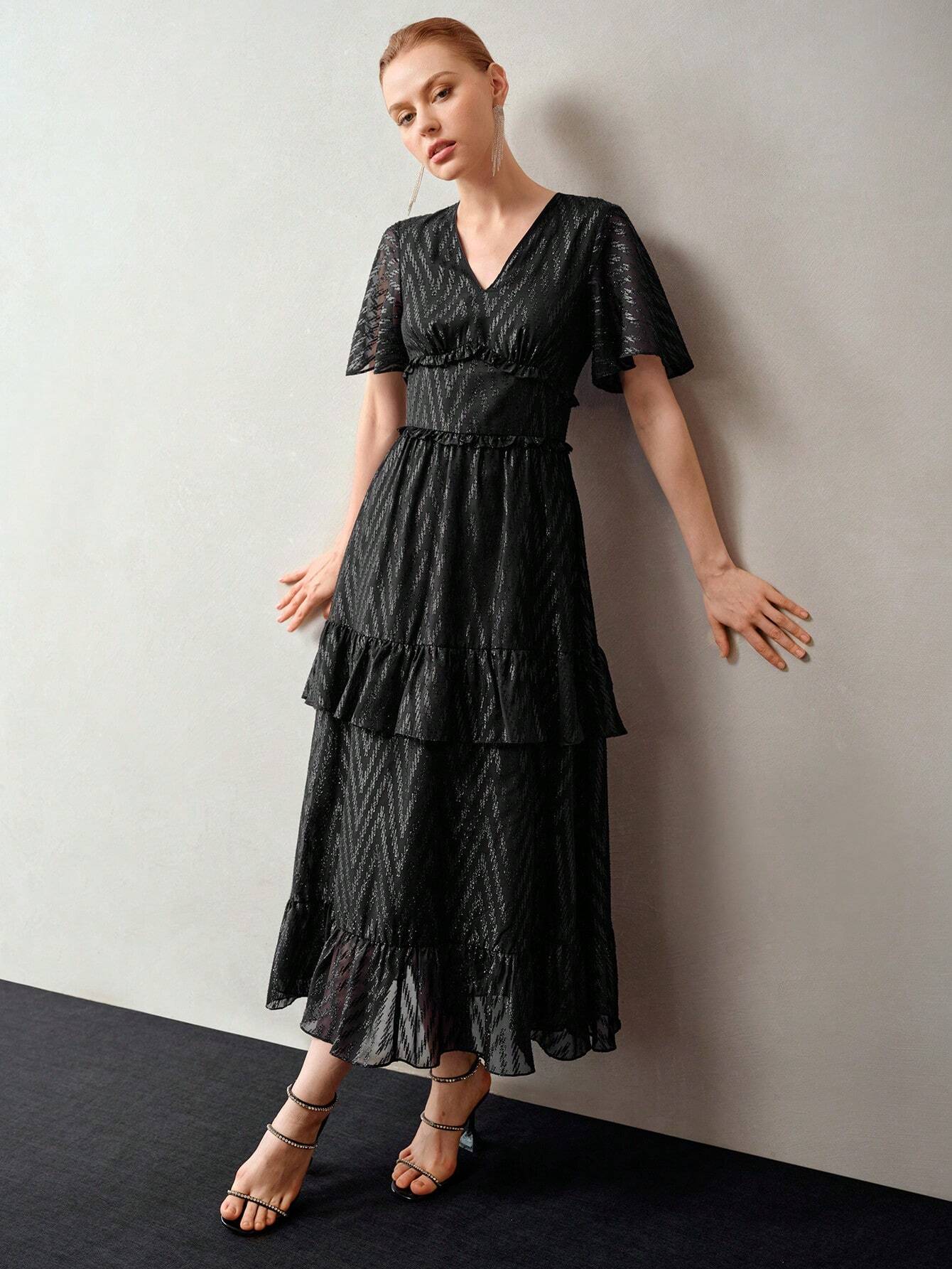 MOTF PREMIUM V-Neck Flutter Sleeve Layered Ruffle Hem Dress