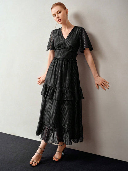 MOTF PREMIUM V-Neck Flutter Sleeve Layered Ruffle Hem Dress