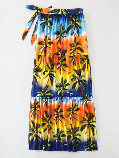 SHEIN Ombre Palm Print Knotted Sarong Skirt
