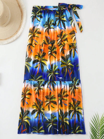 SHEIN Ombre Palm Print Knotted Sarong Skirt