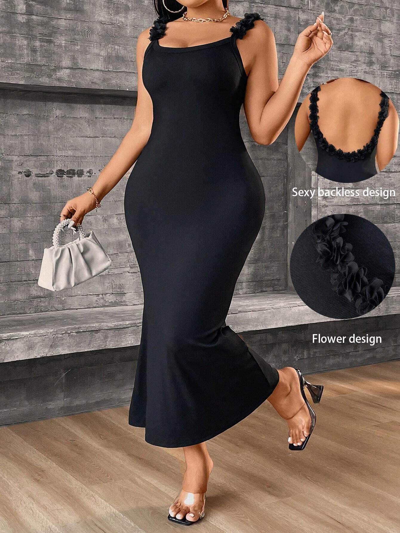 SHEIN EZwear Black Flower Strap Backless Dress