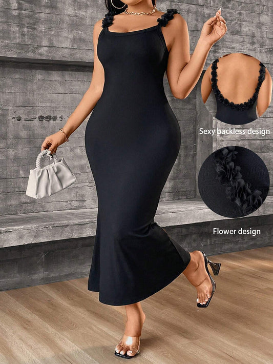SHEIN EZwear Black Flower Strap Backless Dress