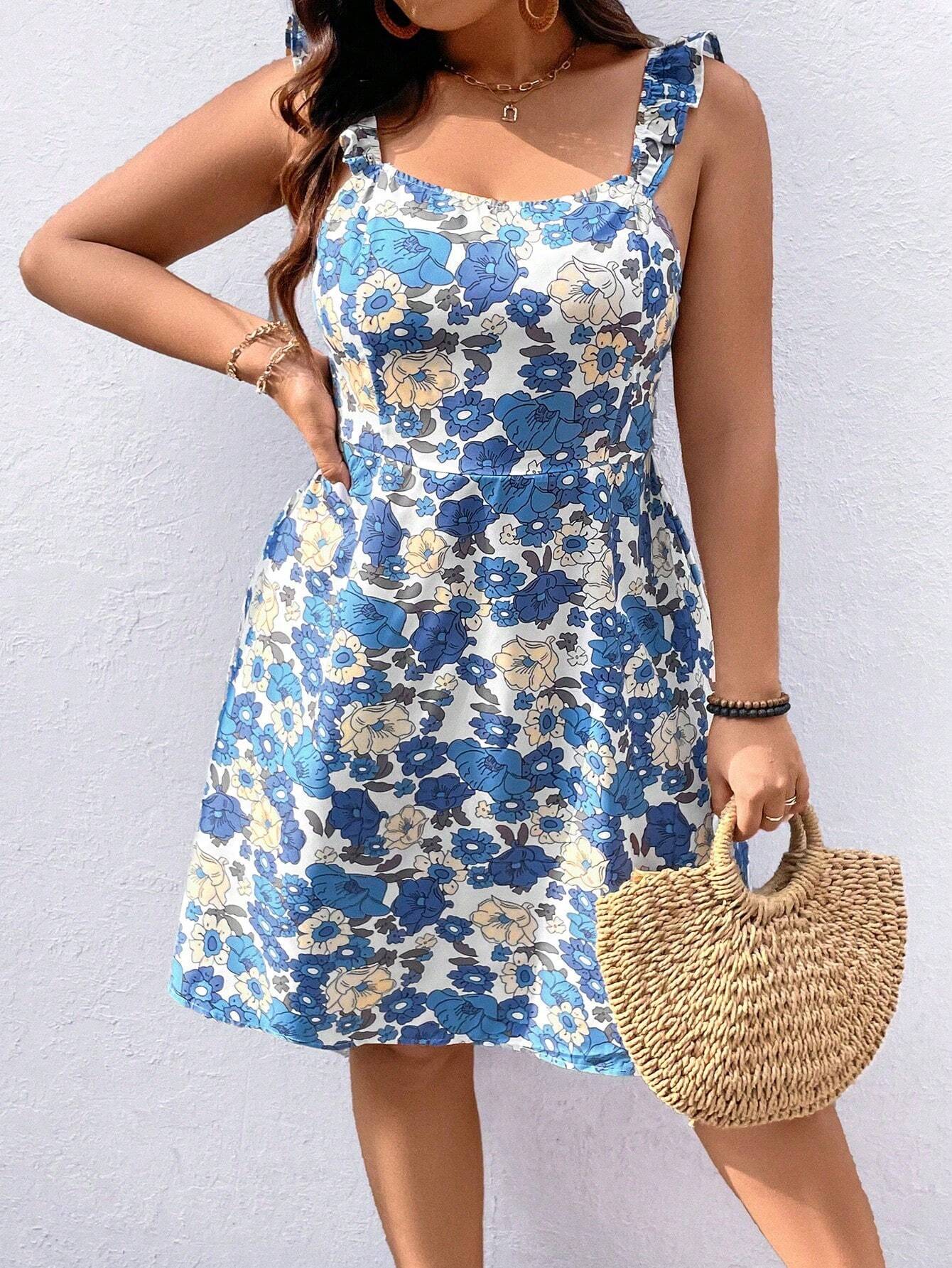 SHEIN Plus Floral Print Ruffle Strap Summer Dress