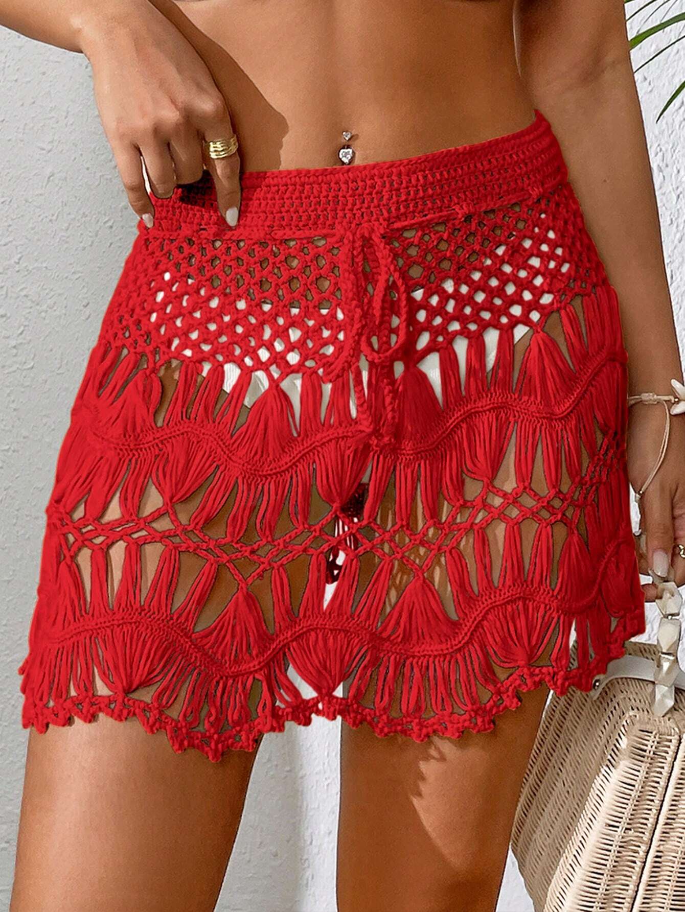 SHEIN Solid Color Hollow-Knit Cover‑Up Skirt