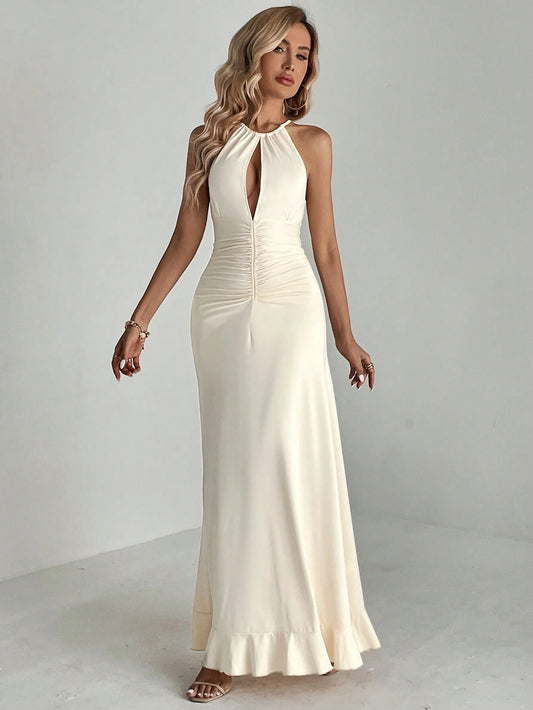 SHEIN Aloruh Ruched Waist Ruffle Hem Maxi Dress