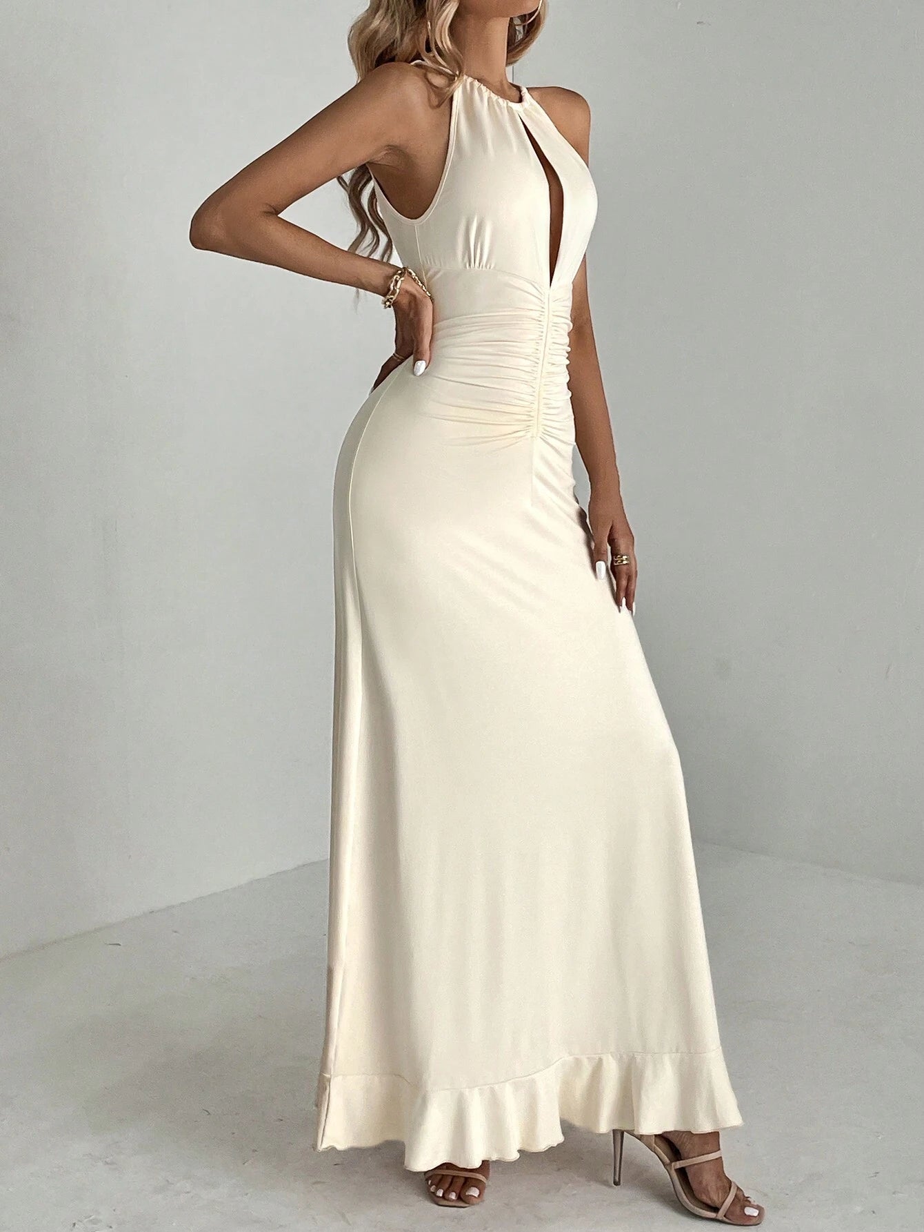 SHEIN Aloruh Ruched Waist Ruffle Hem Maxi Dress