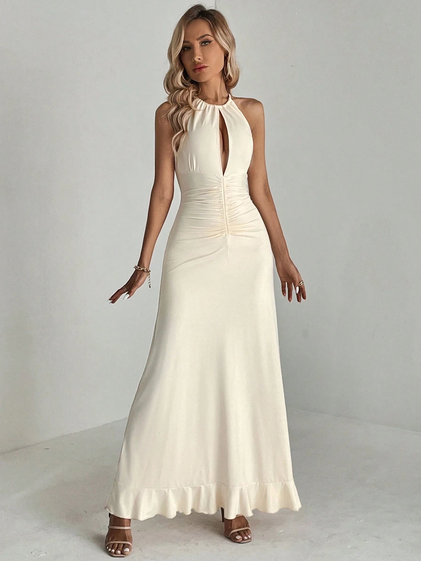 SHEIN Aloruh Ruched Waist Ruffle Hem Maxi Dress