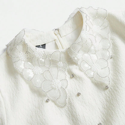 Anewsta The Pearl White Crystal-Collar Retro Mini Dress