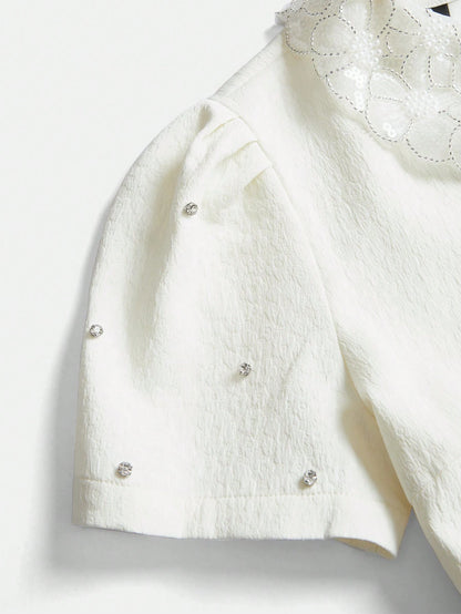 Anewsta The Pearl White Crystal-Collar Retro Mini Dress