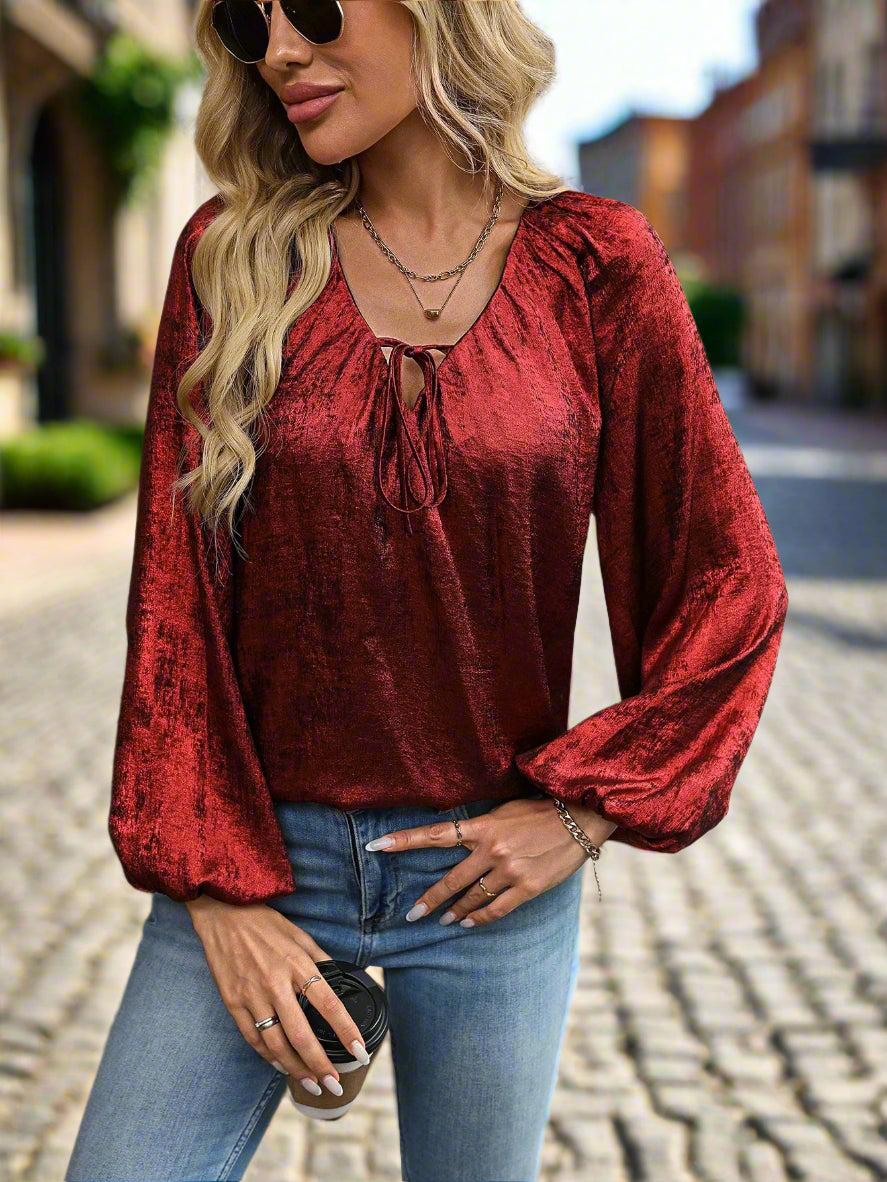 Shein V-Neck Puff Sleeve Blouse – Tie Cuff