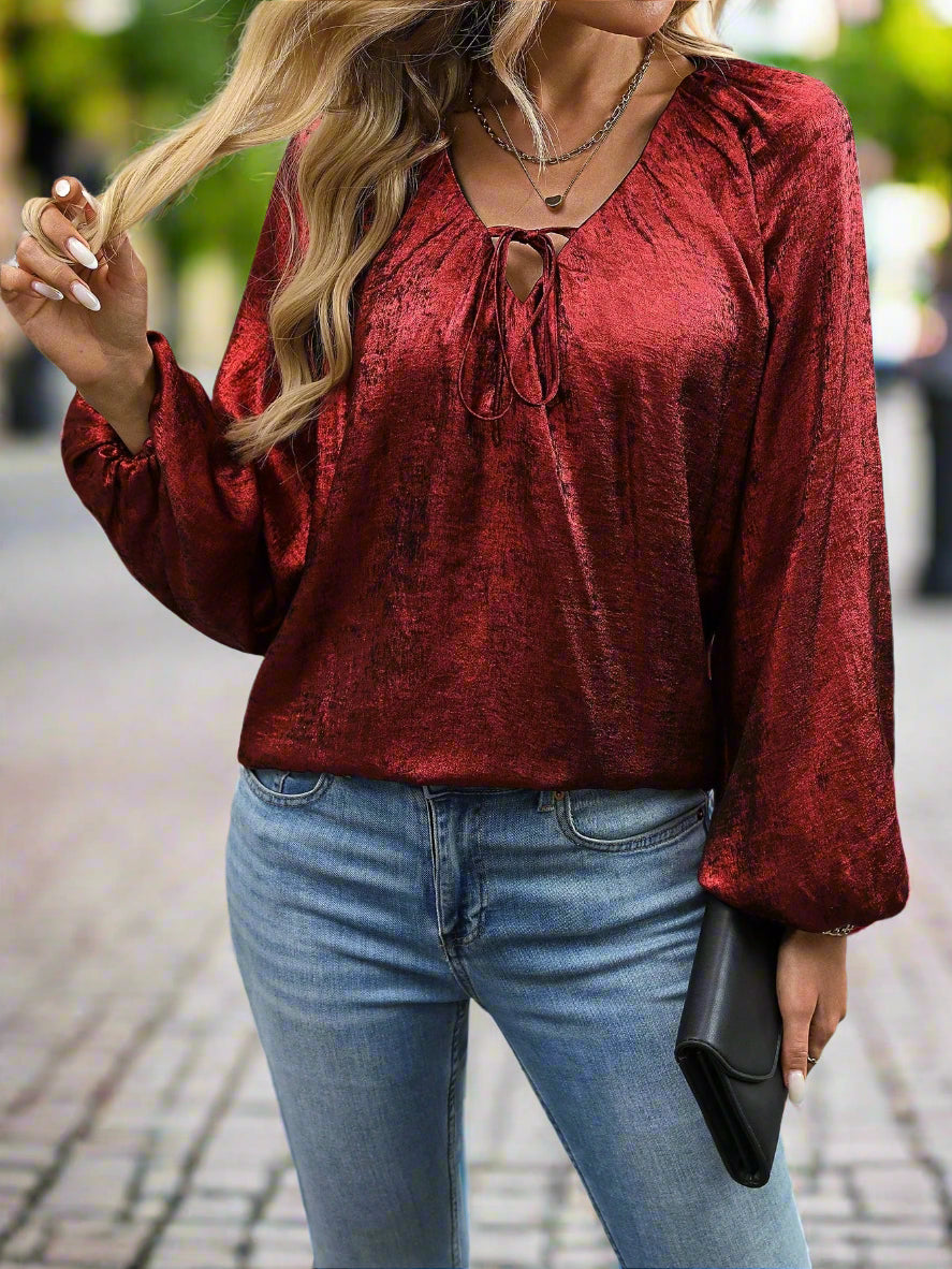 Shein V-Neck Puff Sleeve Blouse – Tie Cuff