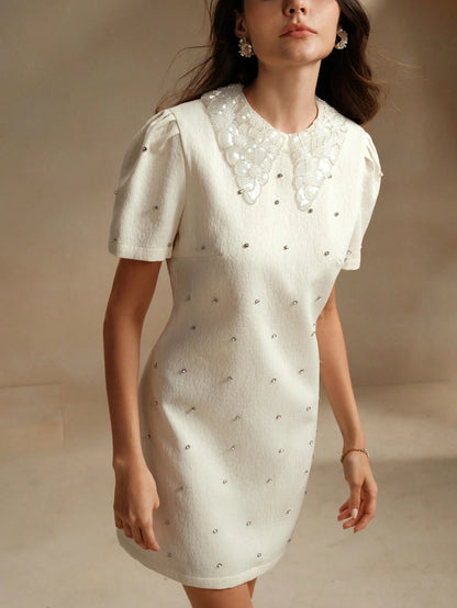 Anewsta The Pearl White Crystal-Collar Retro Mini Dress
