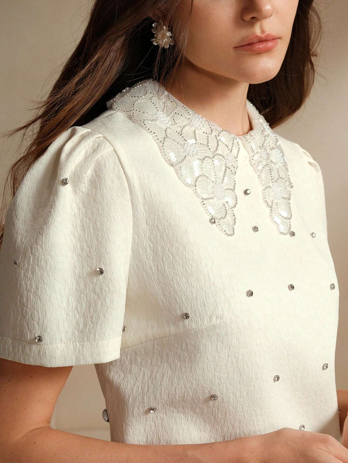 Anewsta The Pearl White Crystal-Collar Retro Mini Dress