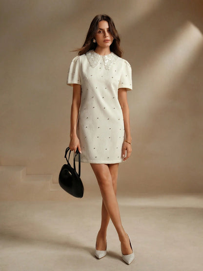 Anewsta The Pearl White Crystal-Collar Retro Mini Dress