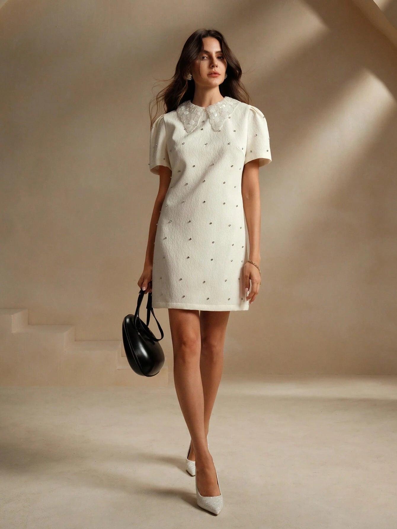 Anewsta The Pearl White Crystal-Collar Retro Mini Dress