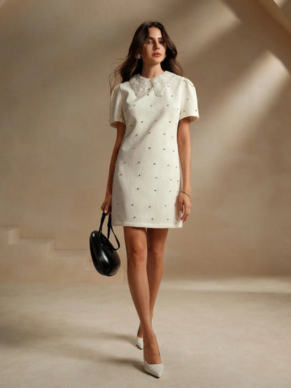 Anewsta The Pearl White Crystal-Collar Retro Mini Dress