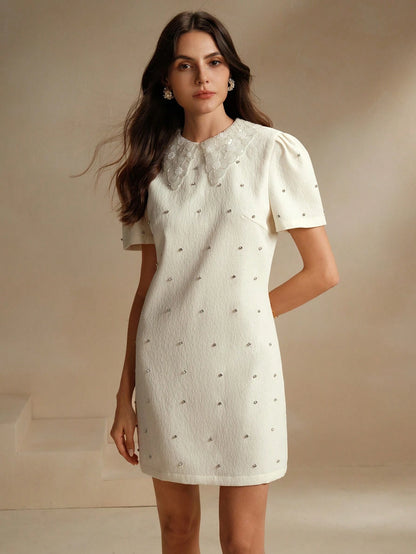 Anewsta The Pearl White Crystal-Collar Retro Mini Dress