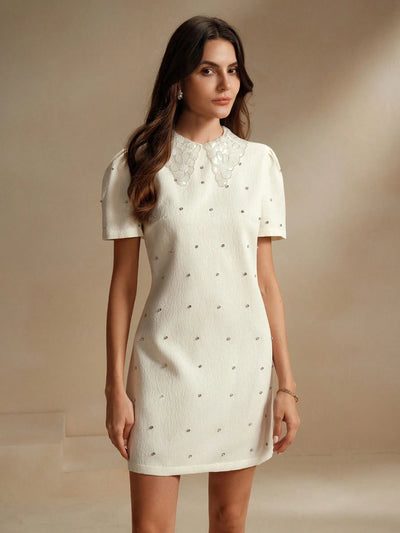 Anewsta The Pearl White Crystal-Collar Retro Mini Dress